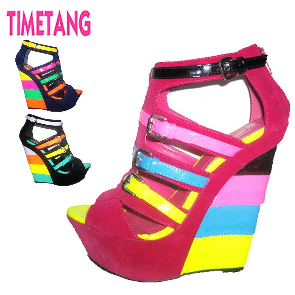

Hot New Design Unique Candy Color Match Velvet Rome Buckle Strap Women Wedge Sandals Platform High Heel Gladiator Lady Shoes