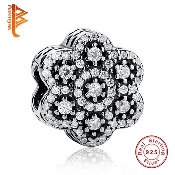 

BELAWANG Luxury 925 Sterling Silver Flower Charm with Clear Crystal for Women Authentic Silver Bead Fit Original Bracelet Making