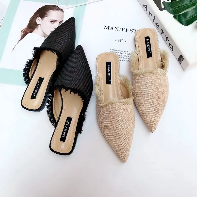 

2019 New Spring Summer Women Slippers Hemp Weave Pointed Toe Flat Tassel Mules Shoes Woman Summer Slides Flip Flop