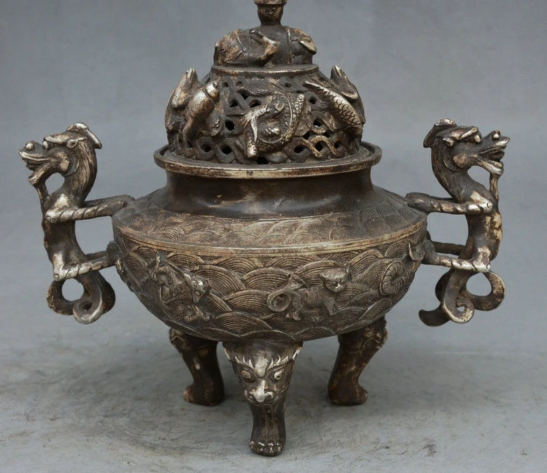 

9" Old Chinese Buddhism Silver Elephant Dragon Kylin Lion Incense Burner Censer
