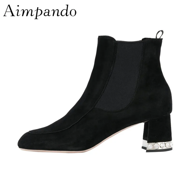 

Jewelled Hoof Heel Ankle Boots Women Individual Square Toe Flock Elastic Band Autumn Winter Botas Mujer