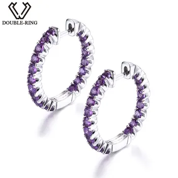 

DOUBLE-R Genuine Natural Amethyst Hoop Earrings Real 100% 925 Sterling Silver Fine Wedding Jewelry Earrings For Women