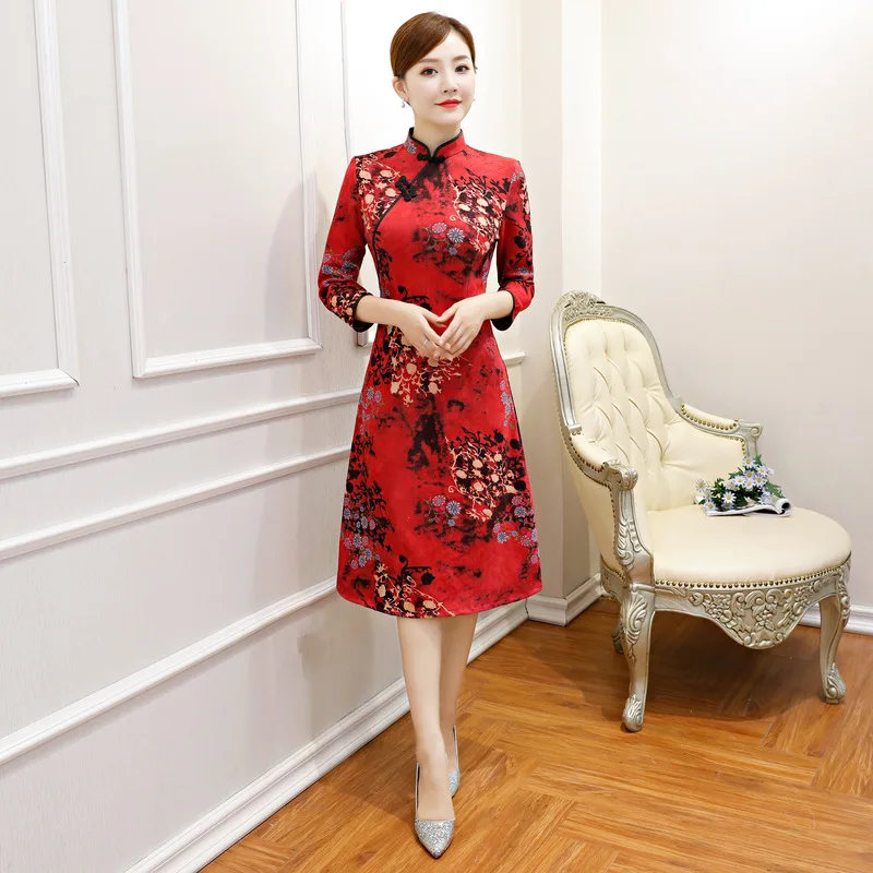 

New 2019 Spring Chinese Cheongsam Mandarin Collar Dress New Womens Winter Suede Qipao Slim Party Dresses Vestido S-3XL