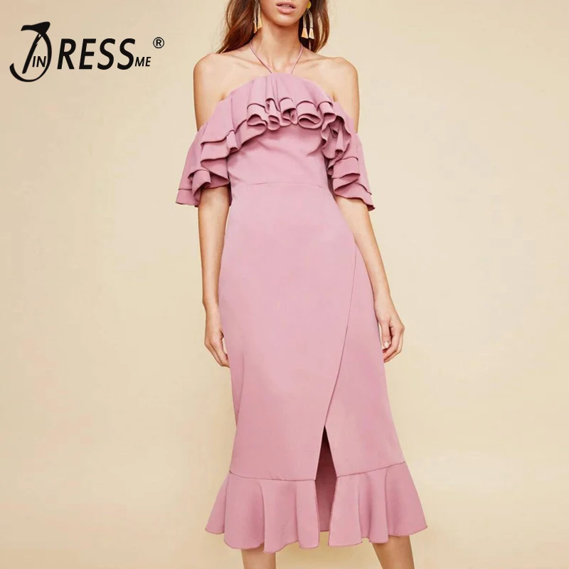 Женское платье с открытыми плечами INDRESSME розовое рюшами и лямкой на шее