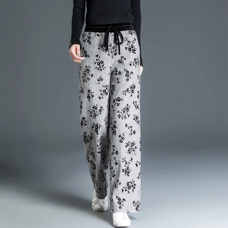 Cordón Pantalones Mezcla Alta Sweatpants Shuchan Con De 2018 Moda Mujer Lana Para Invierno Warmed Gris Cintura Estampado xBwAz