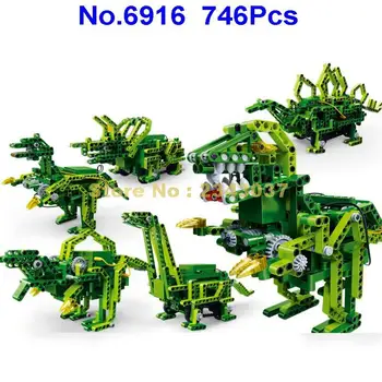 

6916 746pcs 6in1 acoustic sound control jurassic 6 dinosaurs style electric building blocks Toy