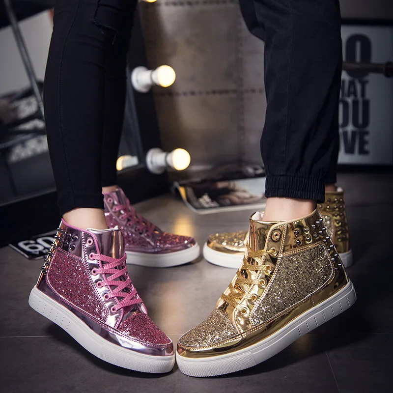 COOLVFATBO/крутые мужские и женские высокие блестящие кроссовки золотистого цвета на шнуровке; обувь на плоской платформе золотистого цвета; Мужская блестящая обувь с блестками и красками; Ins
