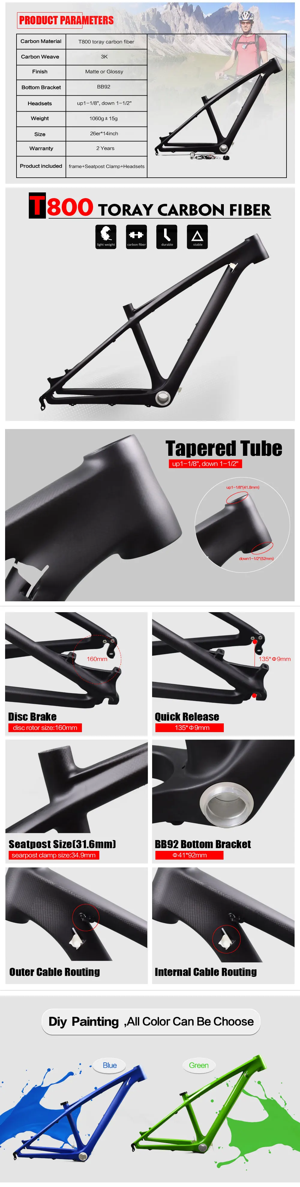 Top Airwolf carbon frames 26 14inch BB92 carbon frame 3K weave fit for 31.6mm seatpost carbon mtb frame 26er 12