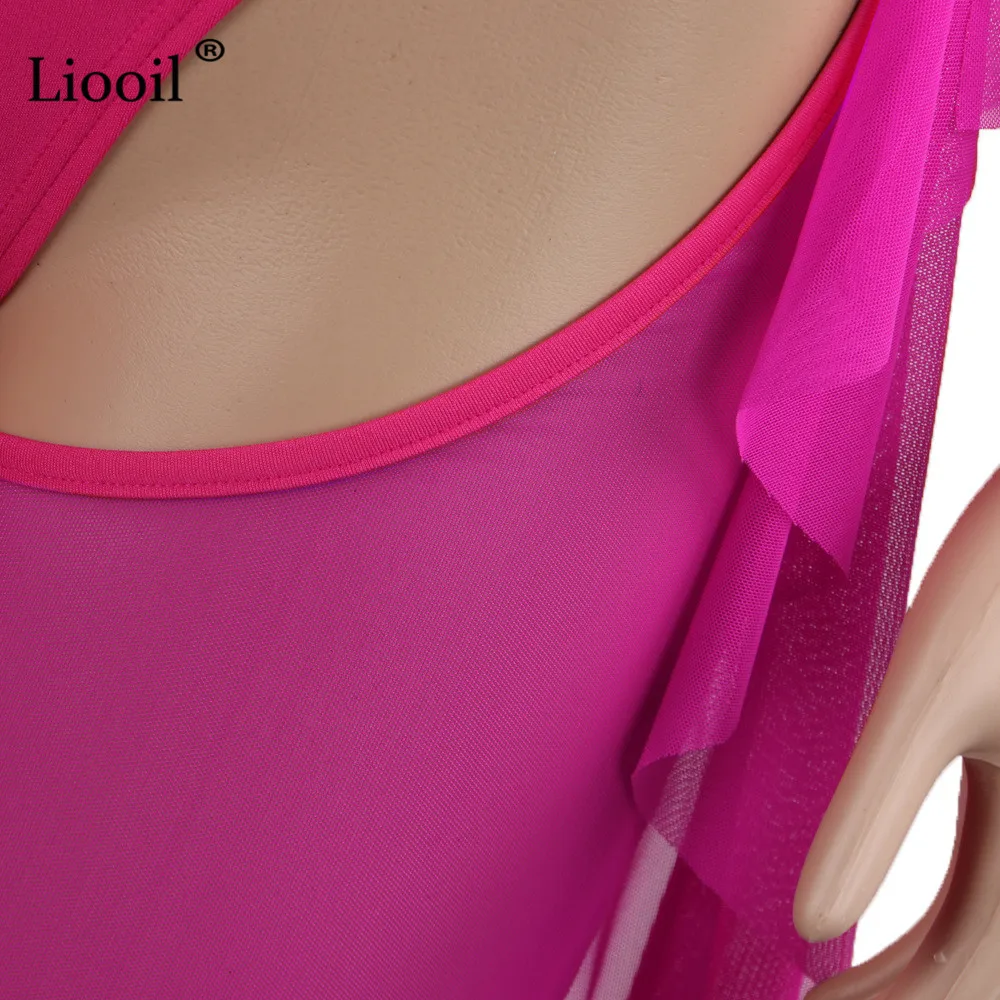 Liooil, сетчатый клубный комплект из двух предметов, женский,, сексуальный топ и штаны, v-образный вырез, неоновый зеленый, 2 предмета, с оборками, наряды, комплект размера плюс, подходящий комплект