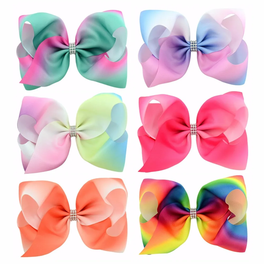 

6Pcs/lot 8 Inch New Children Colorful Rhinestone Large Ribbon Bows With Clip Boutique Bows DIY Hair Accessorises 832