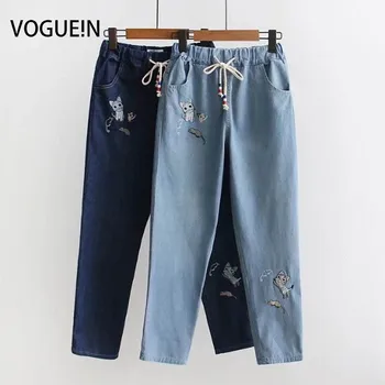 

VOGUEIN New Womens Pockets Embroidered Cat Mouse Denim Jeans Pants Trousers Wholesale