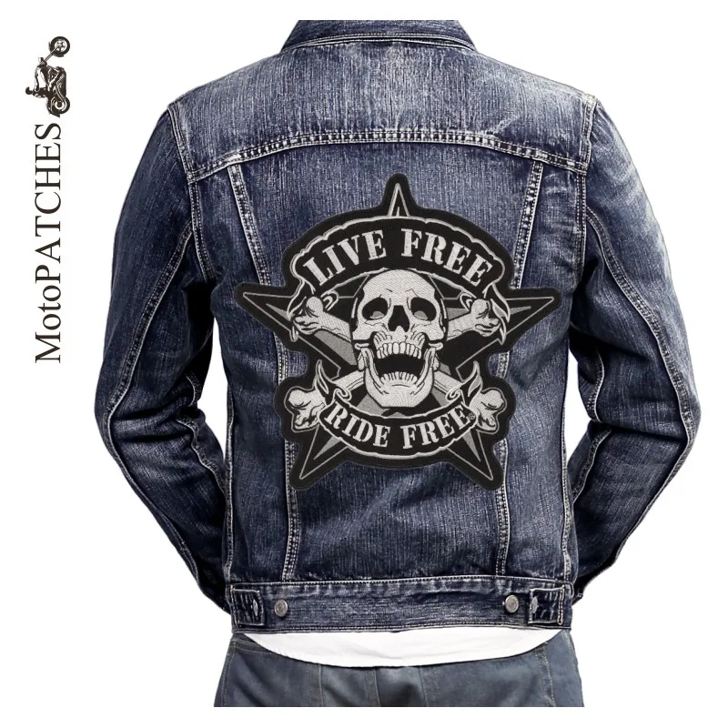 

MotoPATCHES LIVE FREE Five Angle Skull Motorcycle Patches For Clothes Embroidered Iron On Patches