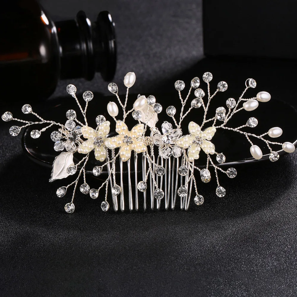 

New Women Flower Pearl Rhinestone Headdress Wedding Bridal Head Piece Hair Ornaments Handmade Comb Alloy Leaf Bride Hair Combs