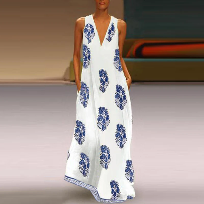 ZANZEA женское длинное платье макси летнее платье с принтом в виде листьев женское сексуальное пляжное платье с v-образным вырезом без рукавов Повседневное платье 5XL - Цвет: Blue