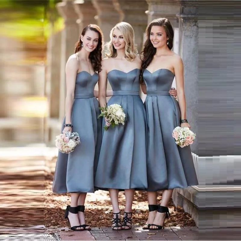 New Tea Length Bridesmaid Dresses Elegant Sweet Heart Strapless Sleeper