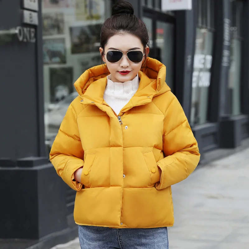 Корейский стиль, женская зимняя куртка, с капюшоном, на пуговицах, хлопковое Стеганое пальто, короткая верхняя одежда, парка - Цвет: yellow