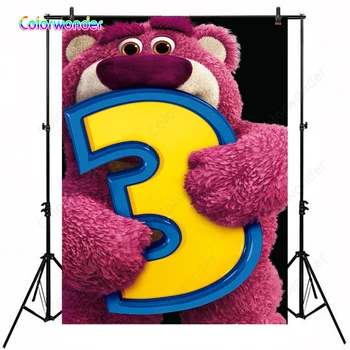 

Toy Story 3 Photography Backgrounds Pink Strawberry Bear Holding Yellow Three Black Backdrops for Kids 3rd Birthday Party Decor