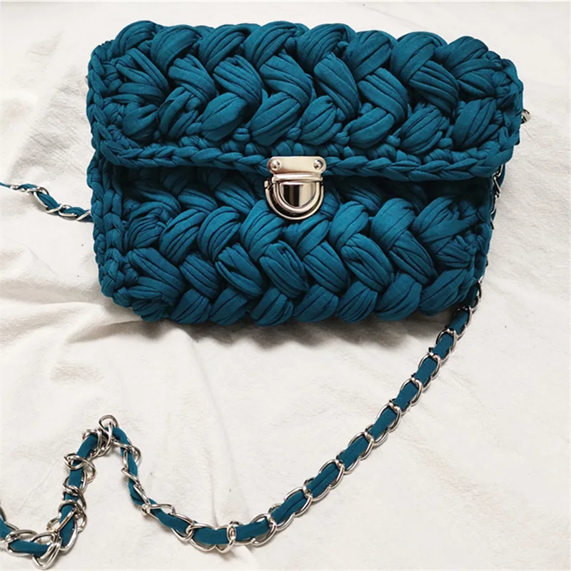 Новинка, модная леопардовая сумка через плечо, тканая вязаная сумка, женская сумка-мессенджер с клапаном, Хлопковая сумка на плечо ручной работы OC602 - Цвет: Blue Lock Button