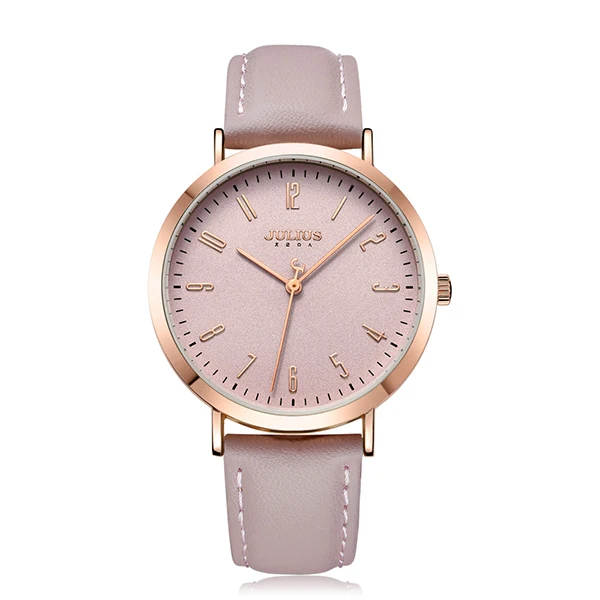 Julius большой циферблат карамельный цвет простые женские часы модные кожаные водонепроницаемые кварцевые наручные часы повседневные студенческие часы Подарки для девочек - Цвет: pink watch