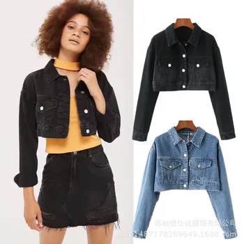 

Denim Jacket Women 2018 Casual New Autumn Coat Long Sleeve Pocket Turn Down Collar Wash Blue/black Short Jackets