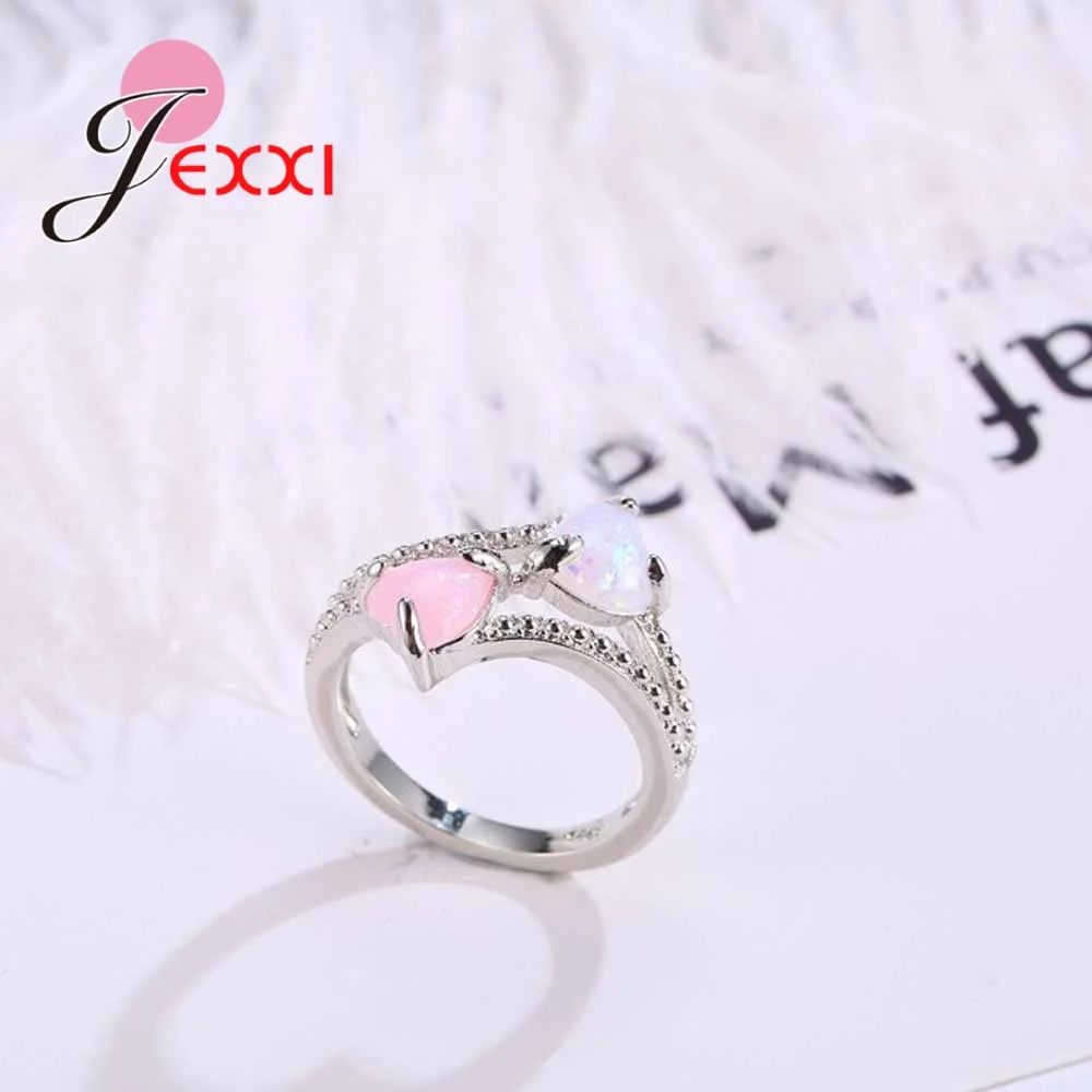 Модное кольцо для женщин из чистого 925 пробы серебра с двойными сердцами, опаловые камни, свадебные ювелирные изделия, романтические милые подарки