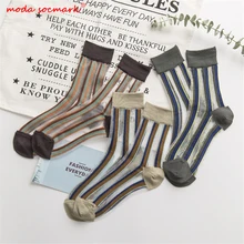 Летние новые женские носки, цветные полосатые носки, прозрачные шелковые носки, ультратонкие прозрачные кружевные длинные носки