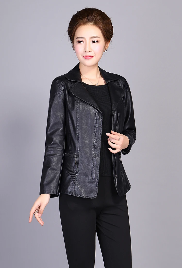 ASLTW XL-6XL размера плюс женская кожаная куртка новая весенняя мода отложной воротник одноцветная кожаная куртка на молнии pu кожаные куртки