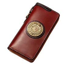 Cow Leather Wallets Nine Palace Cards Pure Copper Bag Purses Women Men Long Clutch Vegetable Tanned Leather Wallet Card Holder handmade genuine leather wave wallets carving auspicious clouds bag purses women men long clutch vegetable tanned leather wallet