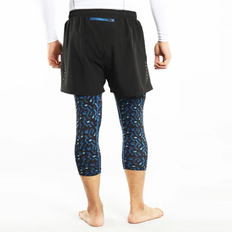 ARSUXEO 2 в 1 мужские спортивные шорты с тремя четвертями, колготки, короткие леггинсы, шорты для йоги, пробежки, бега с карманом на молнии сзади