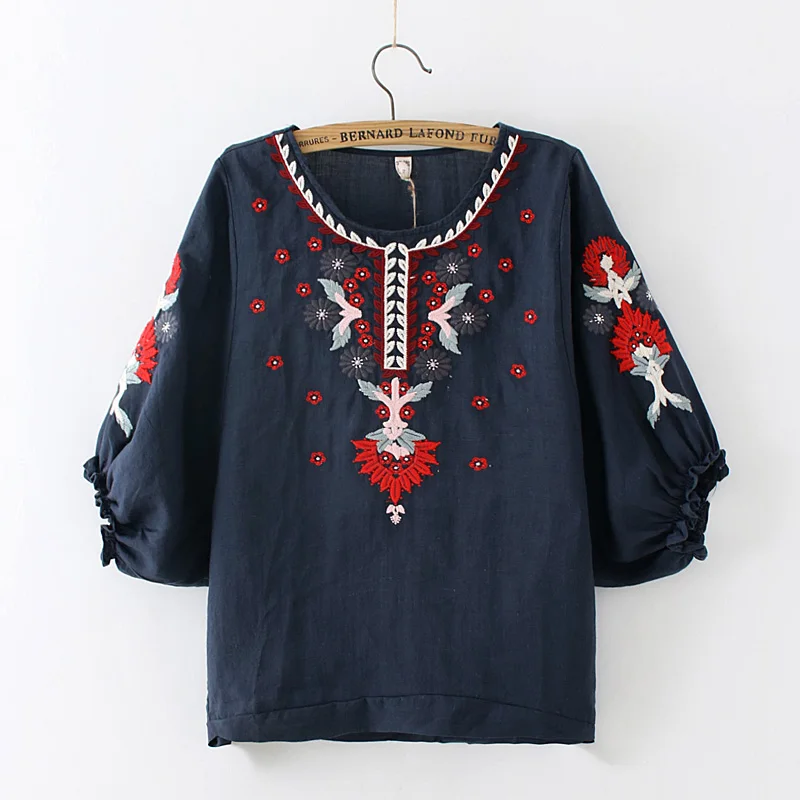 Этнический винтажный Белый Цветочный вышитый Blusa для женщин свободный наполовину спущенный рукав рубашка Женский хлопковый льняной Топ Повседневный Blusas