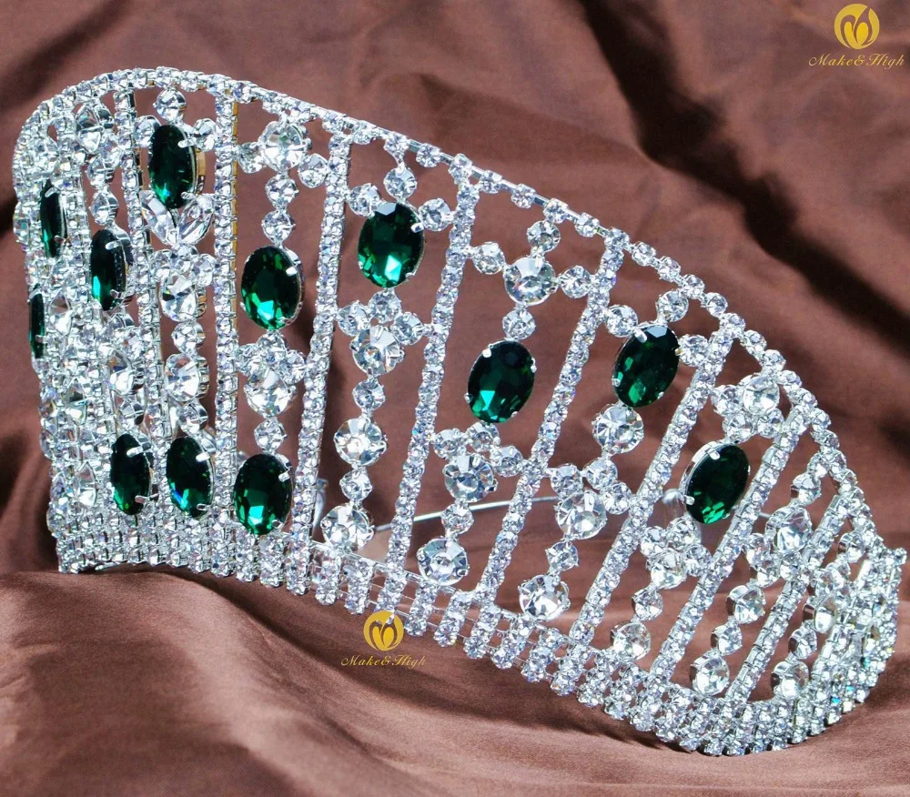 Contoured Pageant Tiara Large Crown Green Crystal Headband Wedding Brida Party 