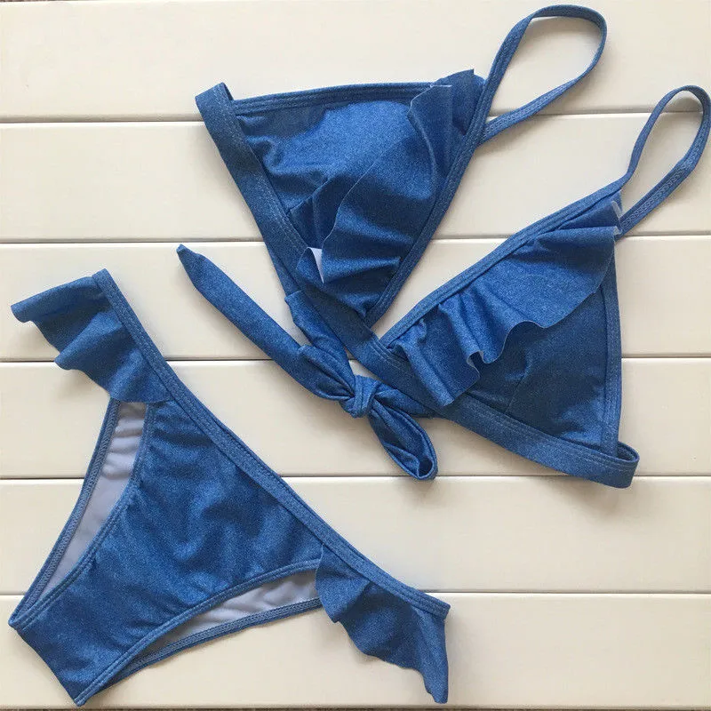 2018 New Strapless Sexy Bikinis Set Women Cowboy Swimwear Blue Triangle ...