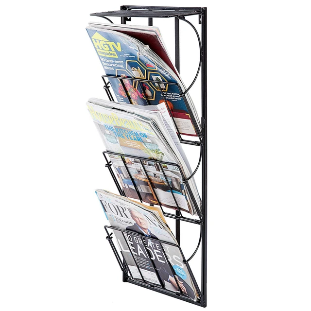 3 Tier Metal Wall Mounted Magazine Newspaper Rack and Display Shelf, Black White Bronzein