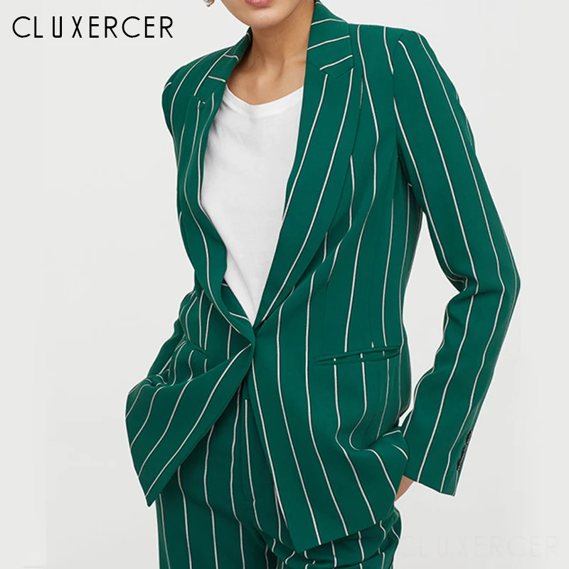 

Women Elegant Pant Suits 2 Piece Sets Striped Green Blazer And Jacket Vintage Striped Wide Leg Pants Women Chic Outfit Suits