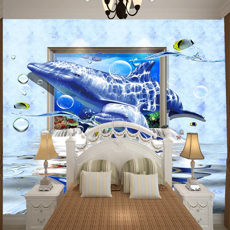 

Large mural children's room wallpaper Dolphin 3D cartoon wallpaper waterproof self-adhesive wallpaper kid's bedroom wall decor
