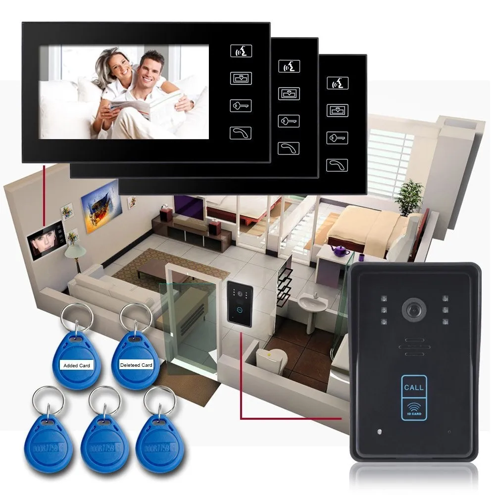 

Home Access Control System Wired Video Door Bell Door Phone Intercome 3Pcs 7'LCD Monitor 1Pcs CMOS IR Camera ID Card Keyfob
