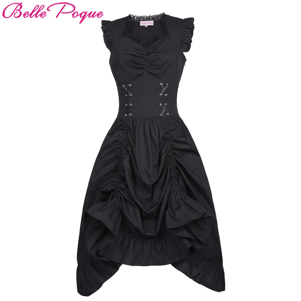 Pаспродажа Belle Poque женское платье без рукавов с v образным вырезом на шнуровке корсет с рюшами 2018 Ретро Винтаж стимпанк черное панк готическое викториан...