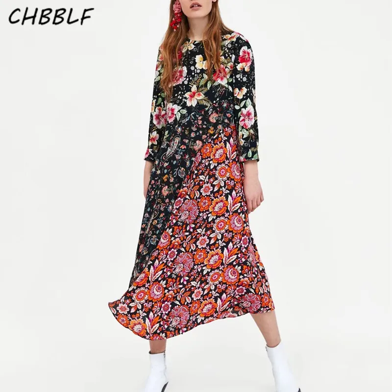 women vintage floral loose dress elastic waist pleated retro female ...