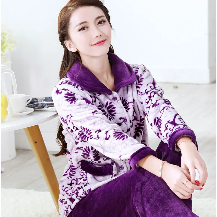 Женские Фланелевые флисовые пижамные комплекты Voplidia размера плюс, зимняя пижама с длинным рукавом для женщин, домашняя одежда - Цвет: color 1