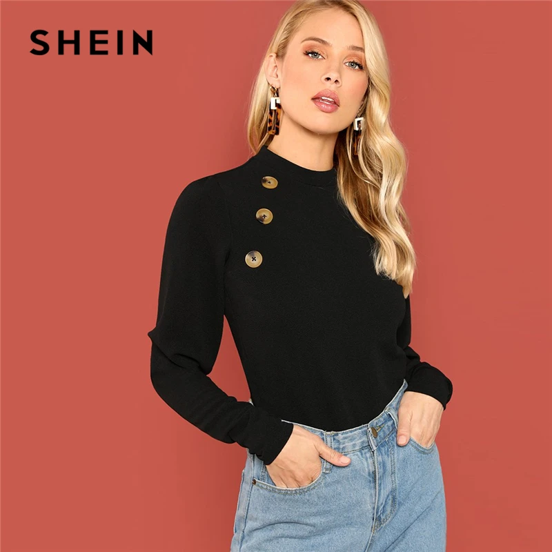 SHEIN Однотонный Джемпер С Длинным Рукавом, Трикотажная Блуза С Декоративными Пуговицами И Высоким Воротником