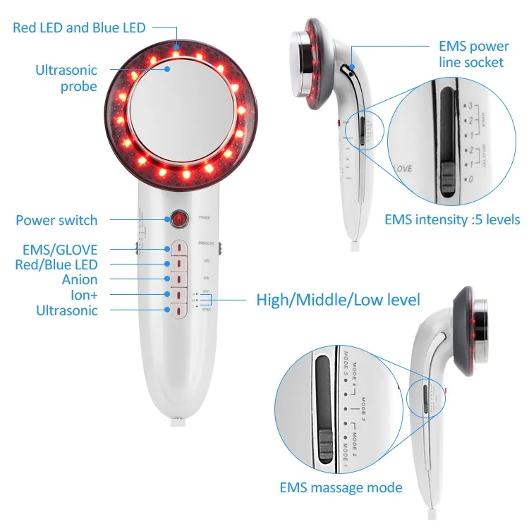 6 в 1 EMS ультразвуковая кавитационная Гальваническая ионная машина для похудения лица и тела, антицеллюлитный массаж, акупунктурная терапия