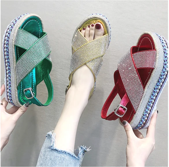 

2019 Summer New Korean Version of The Muffin Thick-bottomed Rhinestone Fashion Wild Open Toe Casual Female Tide Sandals