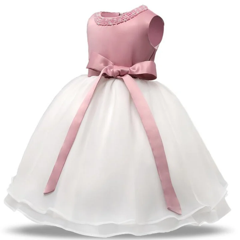

Pink and White Pearls Beaded mesh O-neck 100 Days Newborn 0-2 Princess Baby Girls Bowknot Sash Christening Cute Puff Dress