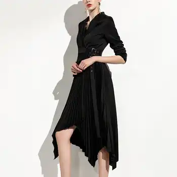 wreeima black Pleated Female Dresses For Women turn-down collar Long Sleeve Irregular Hem Knee-Length Dress Fashion Clothing
