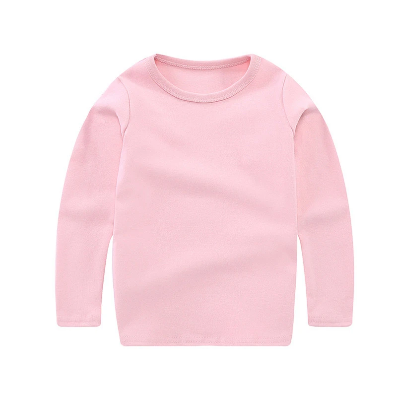 Однотонные качественные детские футболки из чистого хлопка летняя и весенняя Классическая футболка с длинными рукавами для мальчиков и девочек удобные топы, футболка - Цвет: Розовый