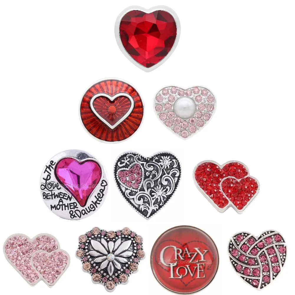 

5pcs/lot 2018 Valentine's Day red Silver Crystal snap beads Love Heart Snap beads fit 18mm bracelet Jewelry Earrings For Women