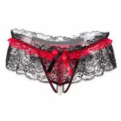 Черное Нижнее белье женские сексуальные трусики Culotte Femme женские стринги и g strings галстук-бабочка с жемчужиной кружевные бесшовные трусики