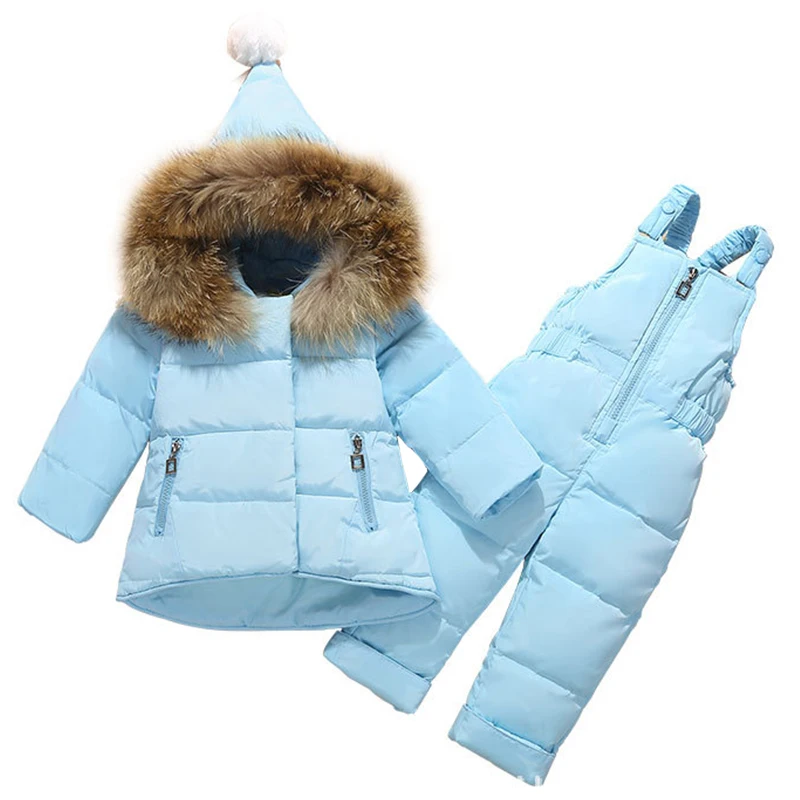 

Baby Girls Winter Down Jacket Set Fur Collar Hooded Coat+Strap Trousers 2pcs Toddler Boy Clothes Set Casual Outfit Kid Tracksuit