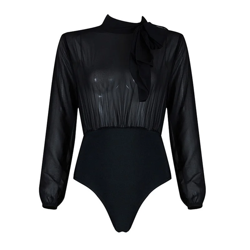 Bodysuit Black Long Sleeve High Neck Mesh Rayon Jumpsuit 2016 New