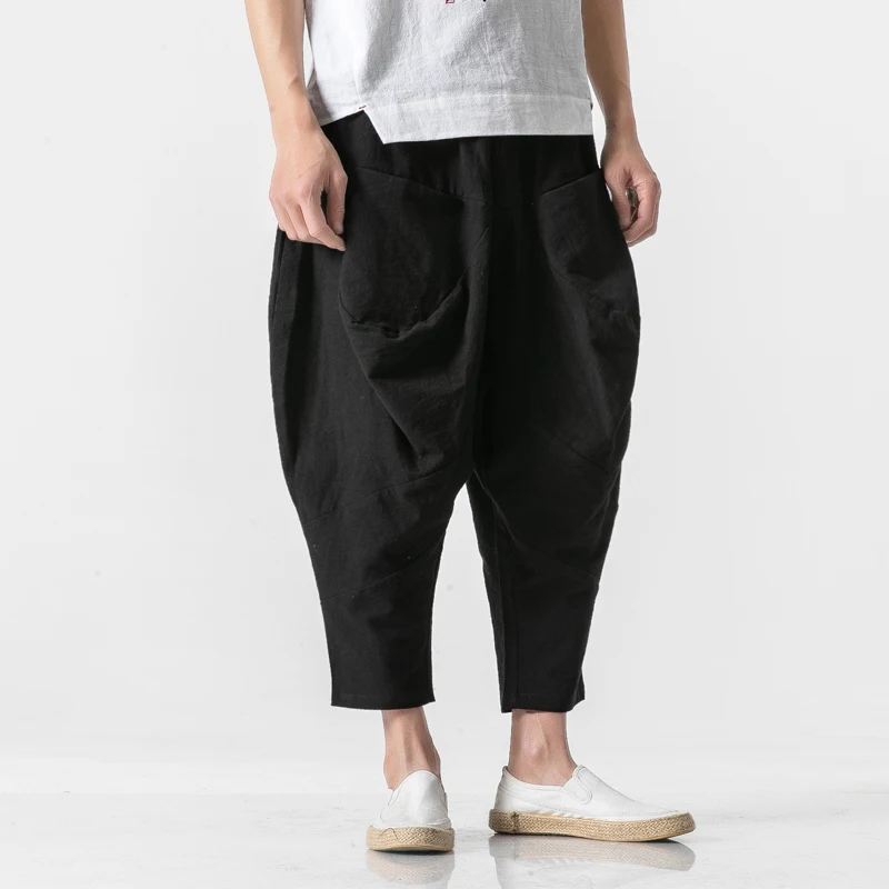 Мужские свободные штаны с большим карманом, однотонная длина голеностопного сустава, Модные шаровары в стиле хип-хоп, мужские винтажные кросс-брюки, большие размеры M-5XL